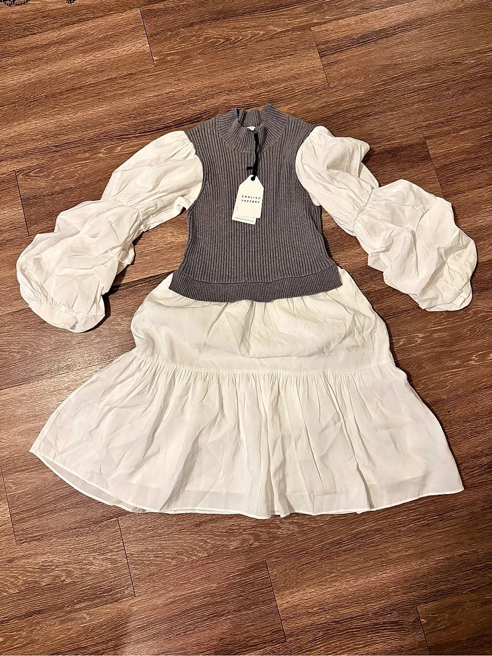 English Factory Mixed Media Mini Dress Gray & White Small
